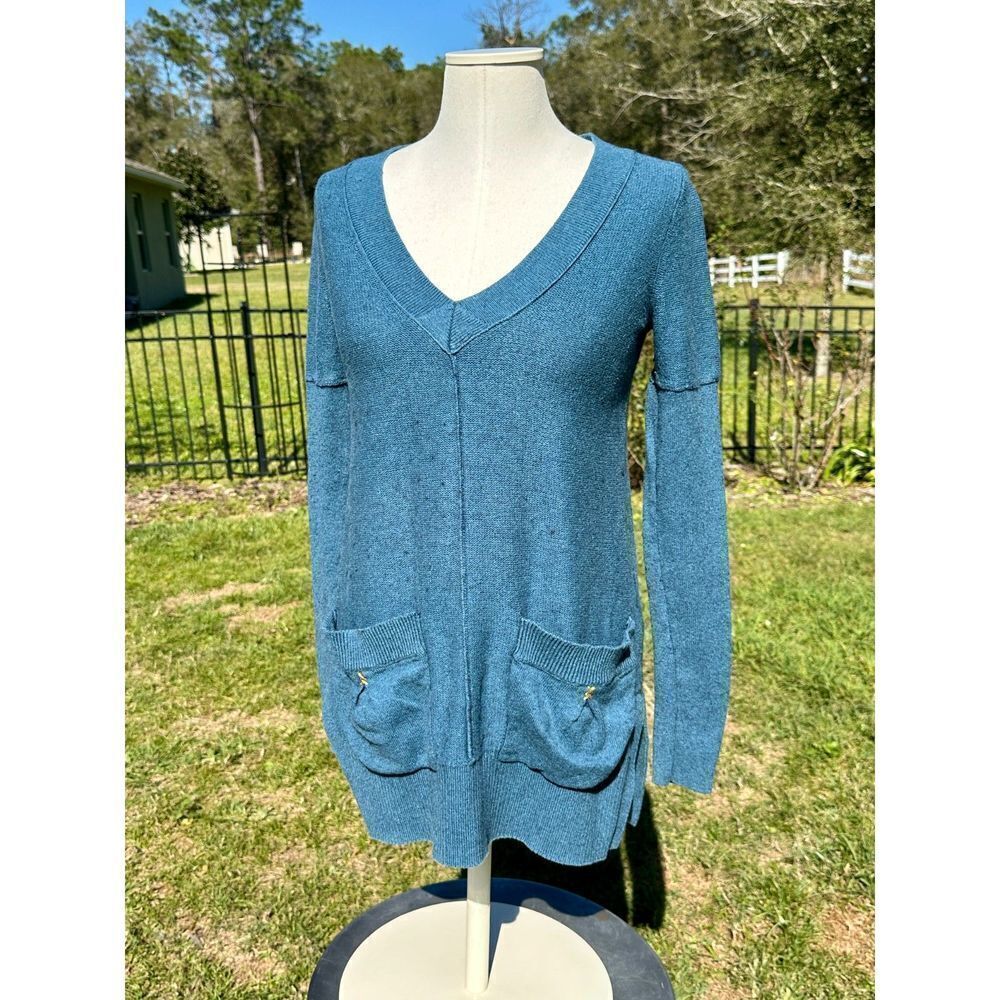 Free People Small Blue Long Sleeve Tunic Sweater with Pockets Wool Blend